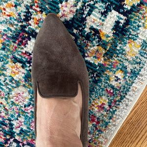 Taupe Suede Italian loafers with pointed toe. Rubber wedge sole 1 inch at heel.